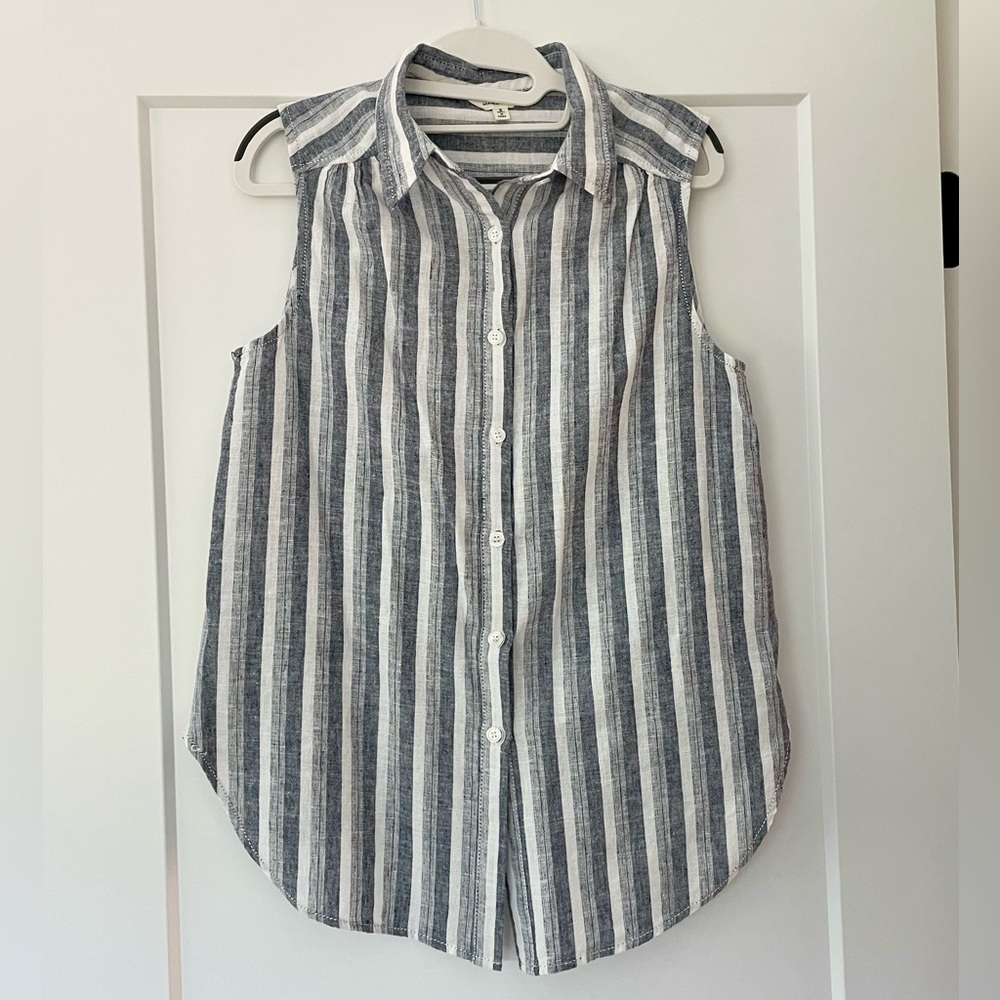 Linen and Cotton Blue and White Striped Sleeveless Shirt Small